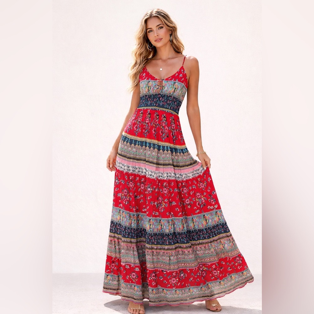 Patrons of Peace Maxi Dress Small Boho Red Floral Print Cutout Front Sleeveless